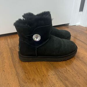 Ugg Mini Bailey Button Bling Boot Black Swarovski Crystal Button Womens